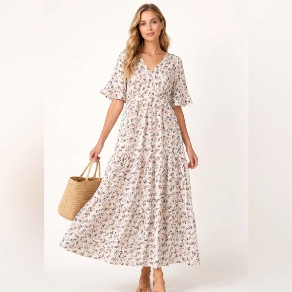 Hayden Los Angeles Floral Tiered Maxi Dress Boho V-Neck Flutter Sleeve Sz M - Picture 1 of 6